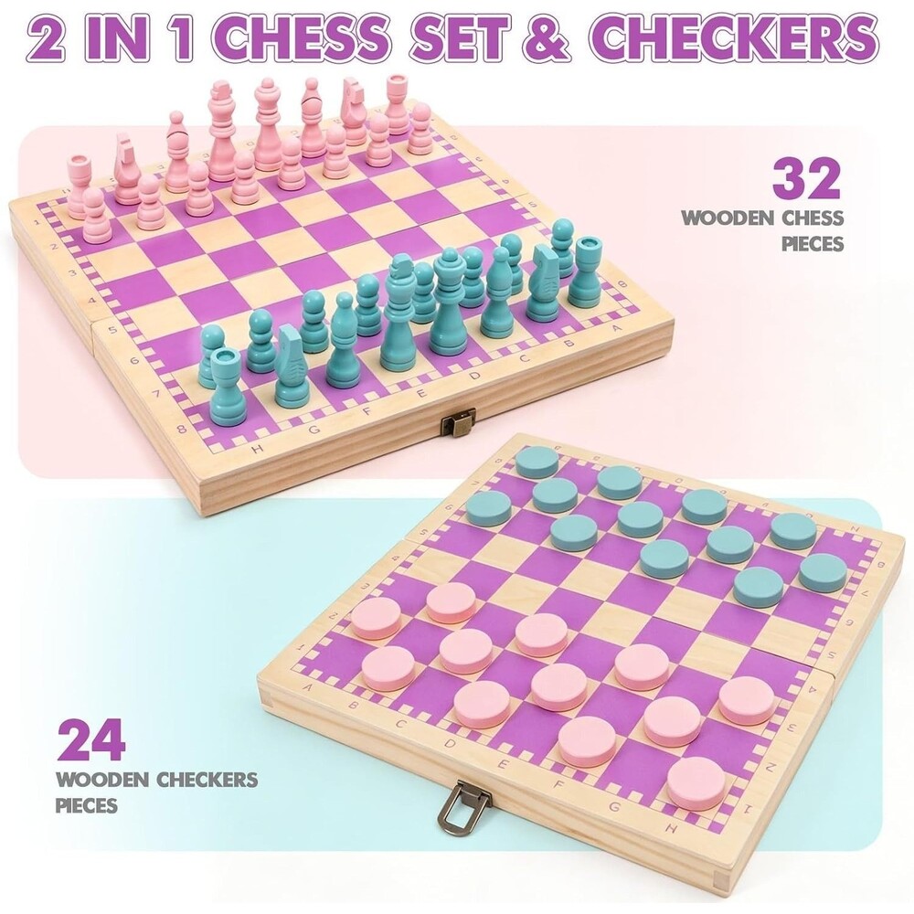 2 in 1 Wooden Chess and Checkers Set Magnetic – 15 inch Folding Board Game